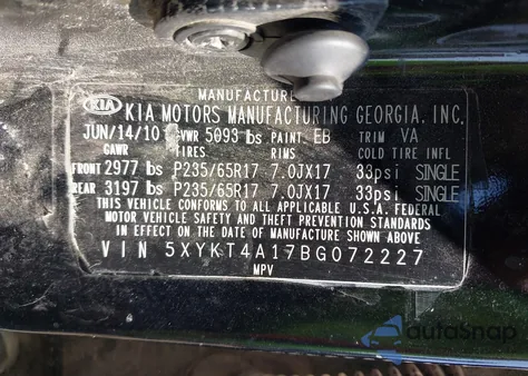 2011 Kia Sorento Lx from USA, damaged, VIN 5XYKT4A17BG072227